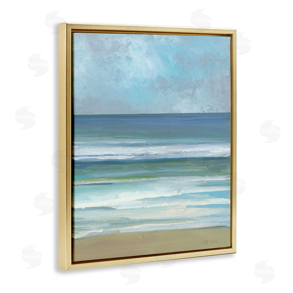 Calming Blue Waves Impression Gold Floating Frame Canvas Wall Art, Home Decor by Sally Swatland