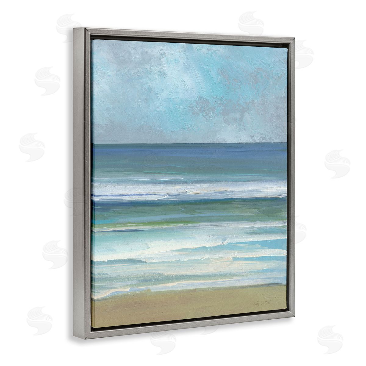 Calming Blue Waves Impression Grey Floating Frame Canvas Wall Art, Home Decor by Sally Swatland