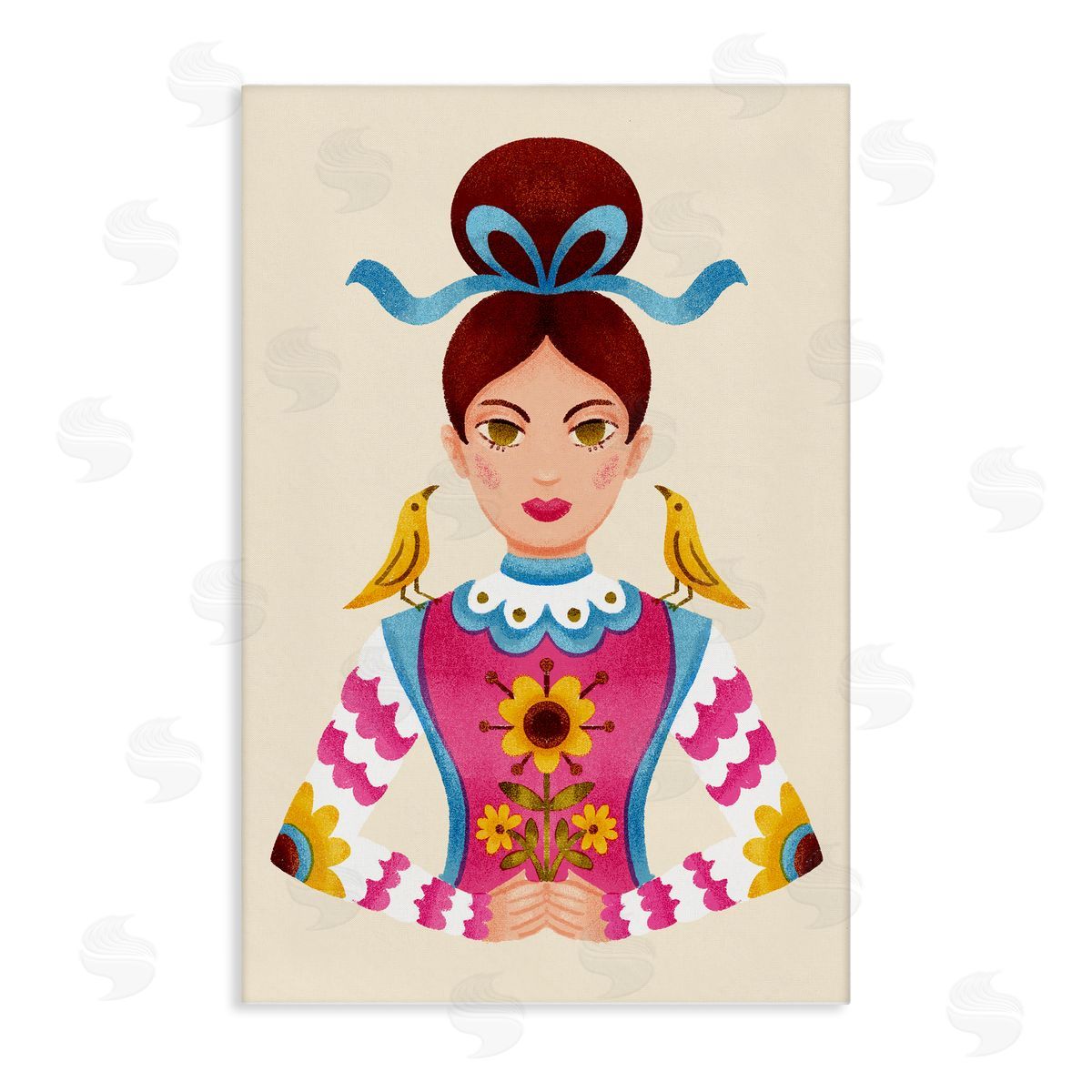 Brunette Girl with Birds Canvas Wall Art, Home Decor by Hannah Moren