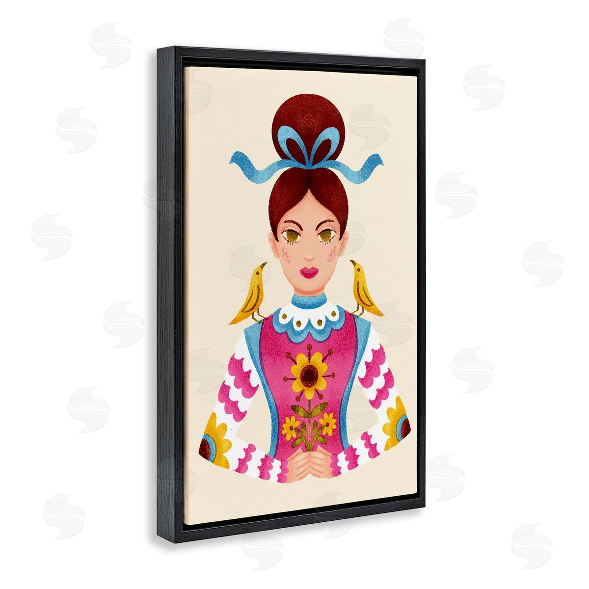Brunette Girl with Birds Black Floating Frame Canvas Wall Art, Home Decor by Hannah Moren