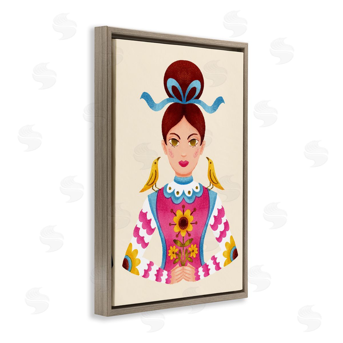 Brunette Girl with Birds Brown Floating Frame Canvas Wall Art, Home Decor by Hannah Moren