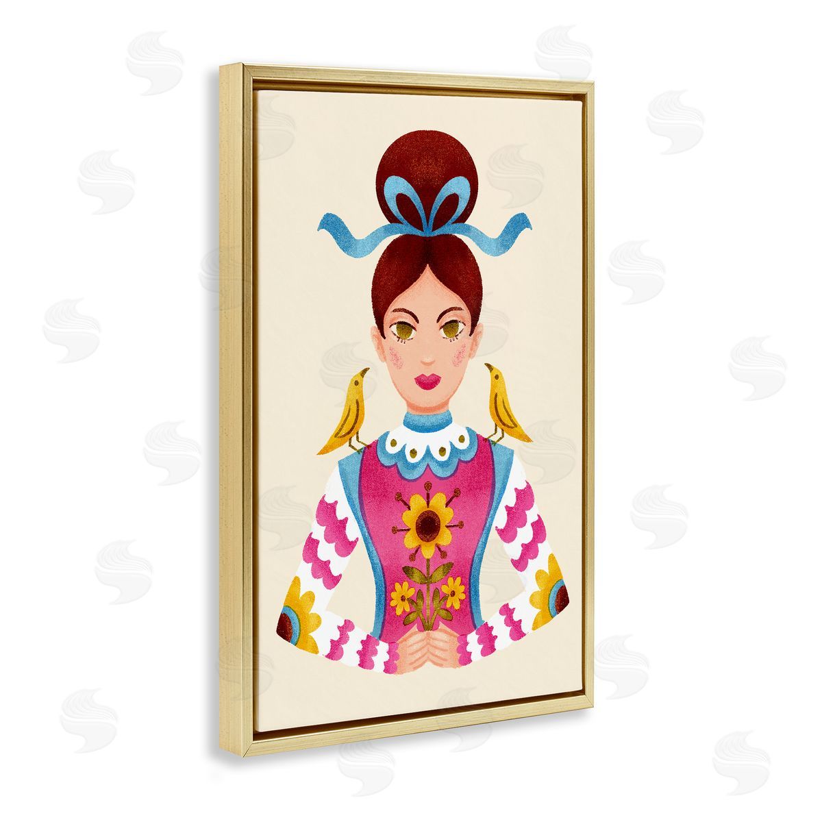 Brunette Girl with Birds Gold Floating Frame Canvas Wall Art, Home Decor by Hannah Moren