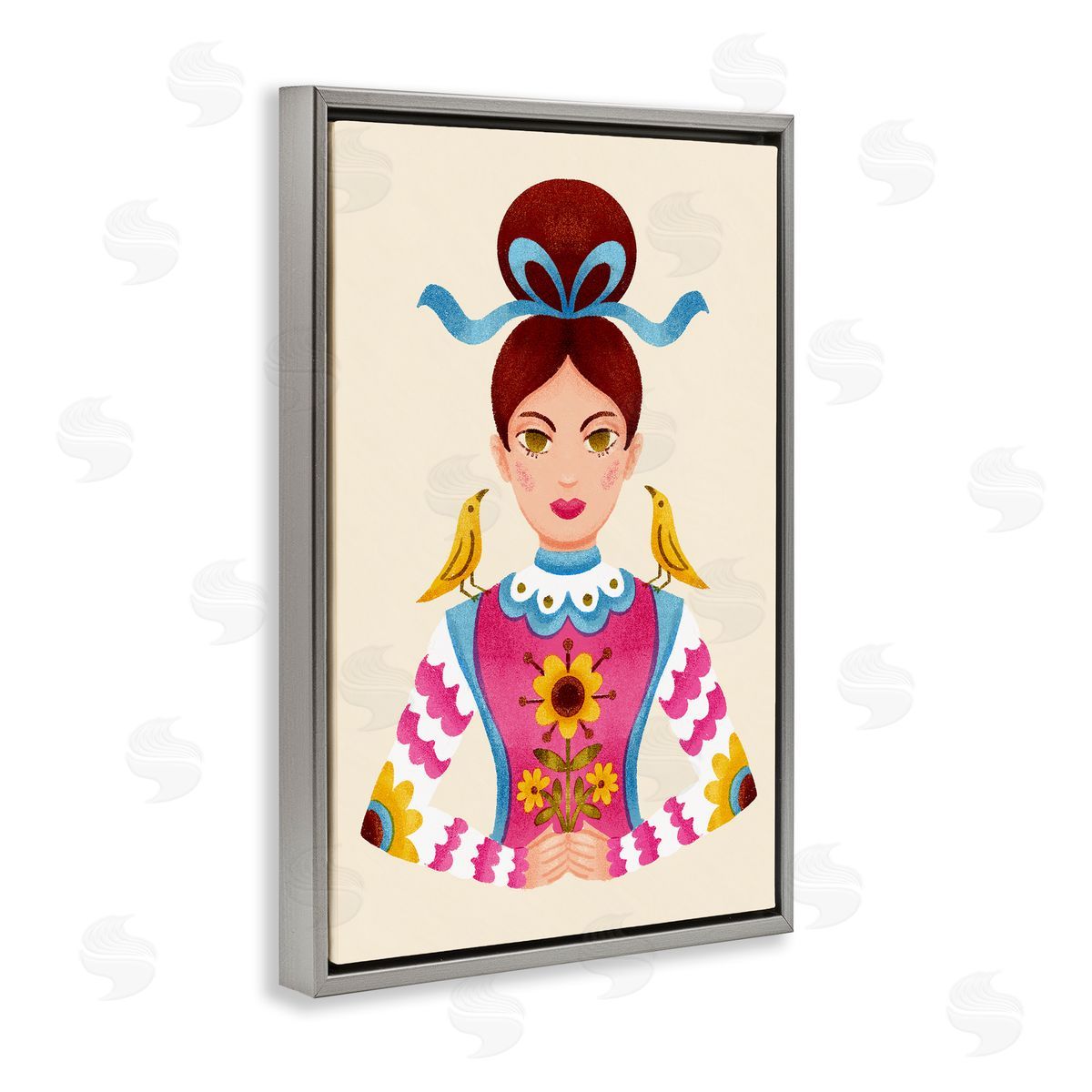 Brunette Girl with Birds Grey Floating Frame Canvas Wall Art, Home Decor by Hannah Moren