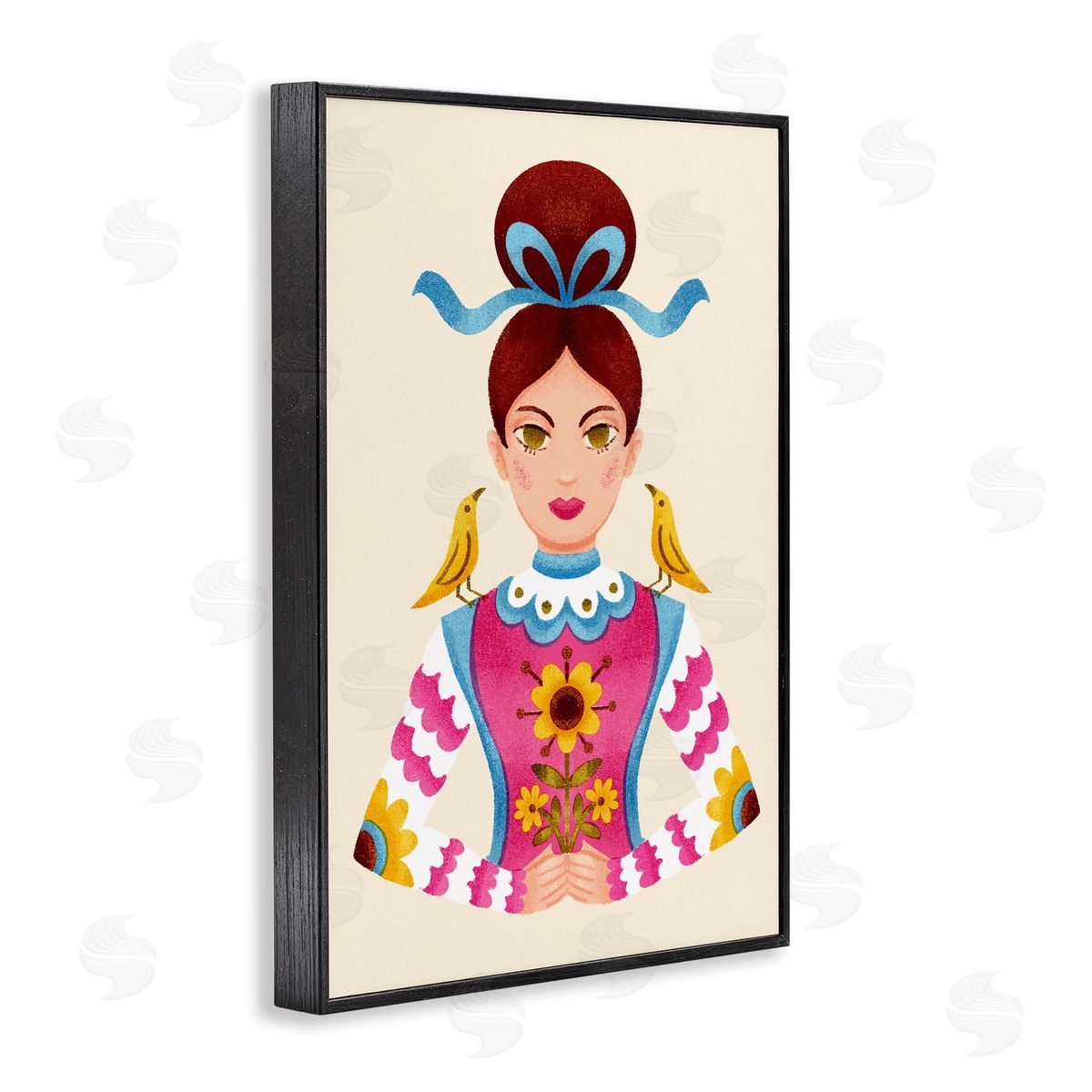 Brunette Girl with Birds Black Frame Print Wall Art, Home Decor by Hannah Moren