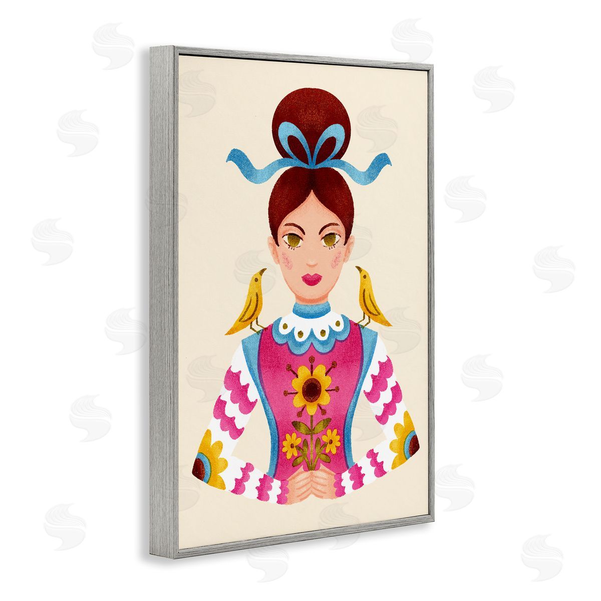 Brunette Girl with Birds Grey Frame Print Wall Art, Home Decor by Hannah Moren
