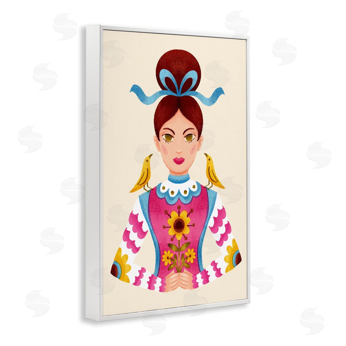 Brunette Girl with Birds White Frame Print Wall Art, Home Decor by Hannah Moren