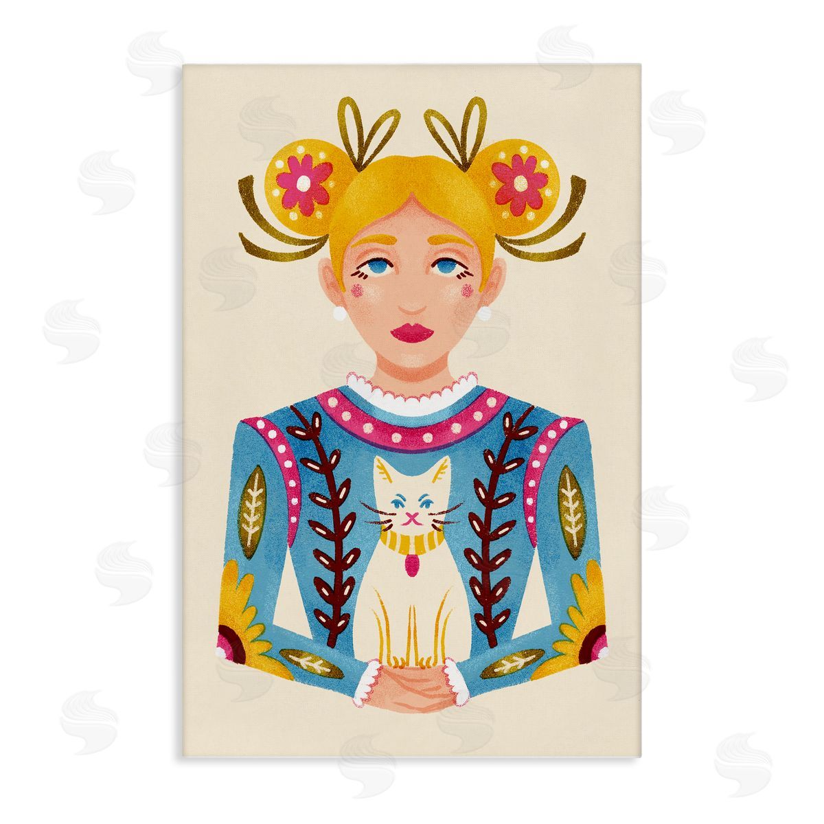 Blonde Folk Girl with Cat Canvas Wall Art, Home Decor by Hannah Moren