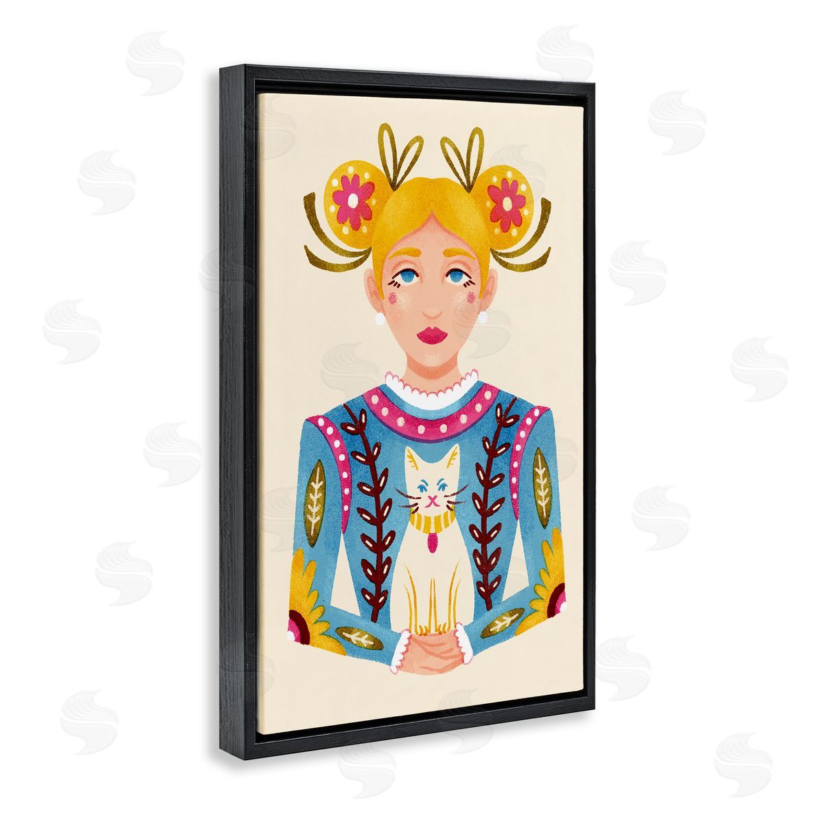 Blonde Folk Girl with Cat Black Floating Frame Canvas Wall Art, Home Decor by Hannah Moren