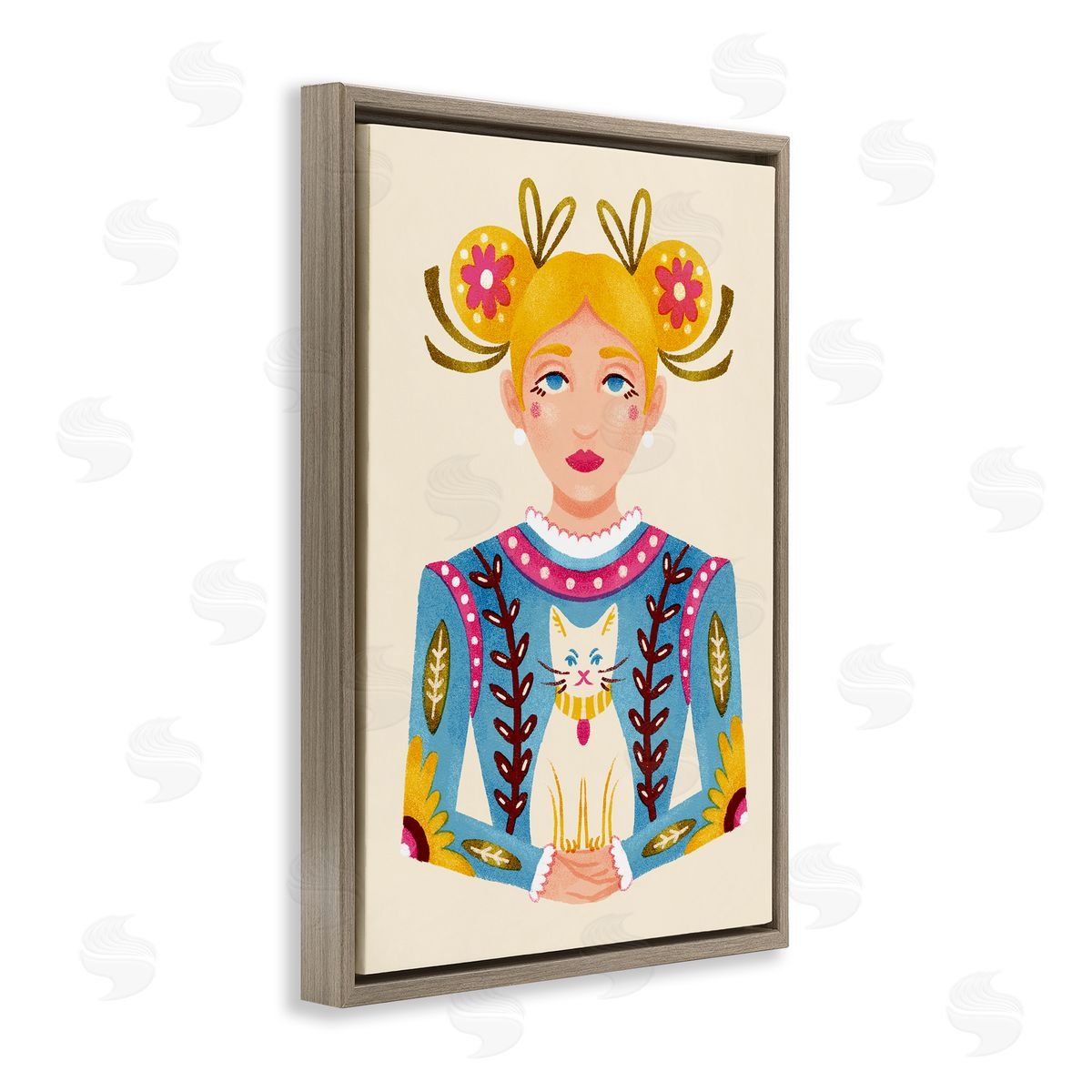 Blonde Folk Girl with Cat Brown Floating Frame Canvas Wall Art, Home Decor by Hannah Moren