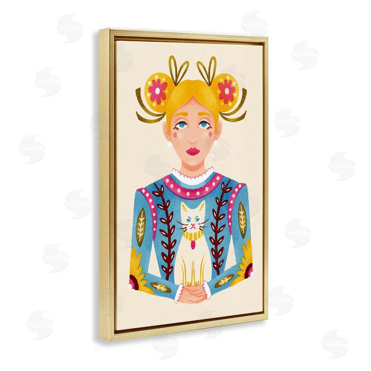 Blonde Folk Girl with Cat Gold Floating Frame Canvas Wall Art, Home Decor by Hannah Moren