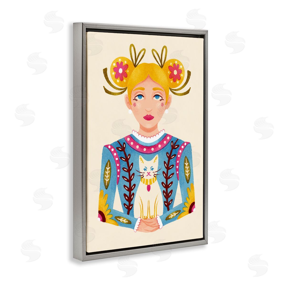 Blonde Folk Girl with Cat Grey Floating Frame Canvas Wall Art, Home Decor by Hannah Moren