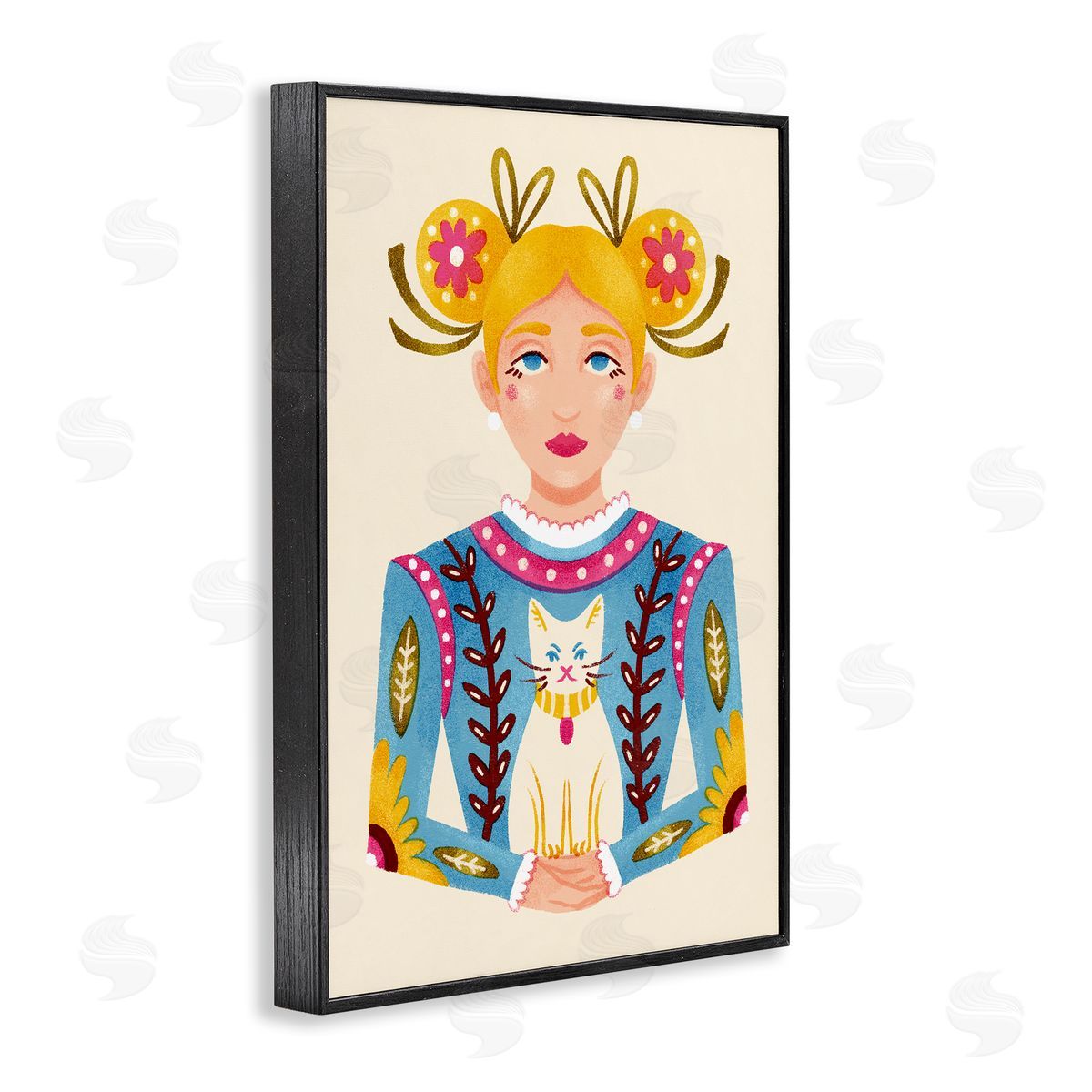 Blonde Folk Girl with Cat Black Frame Print Wall Art, Home Decor by Hannah Moren