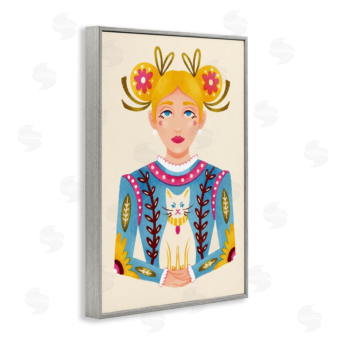 Blonde Folk Girl with Cat Grey Frame Print Wall Art, Home Decor by Hannah Moren