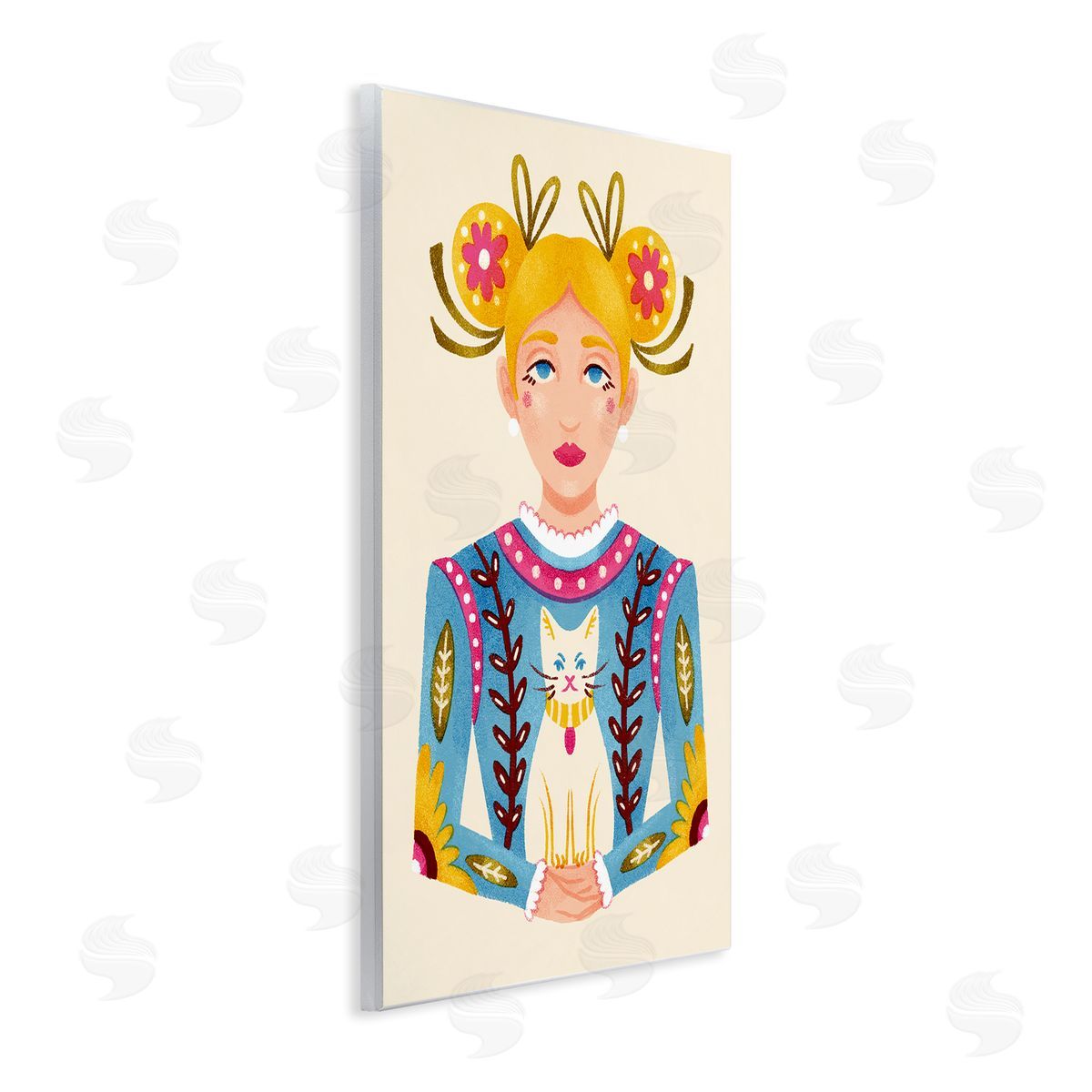 Blonde Folk Girl with Cat Wood Plaque Wall Art, Home Decor by Hannah Moren