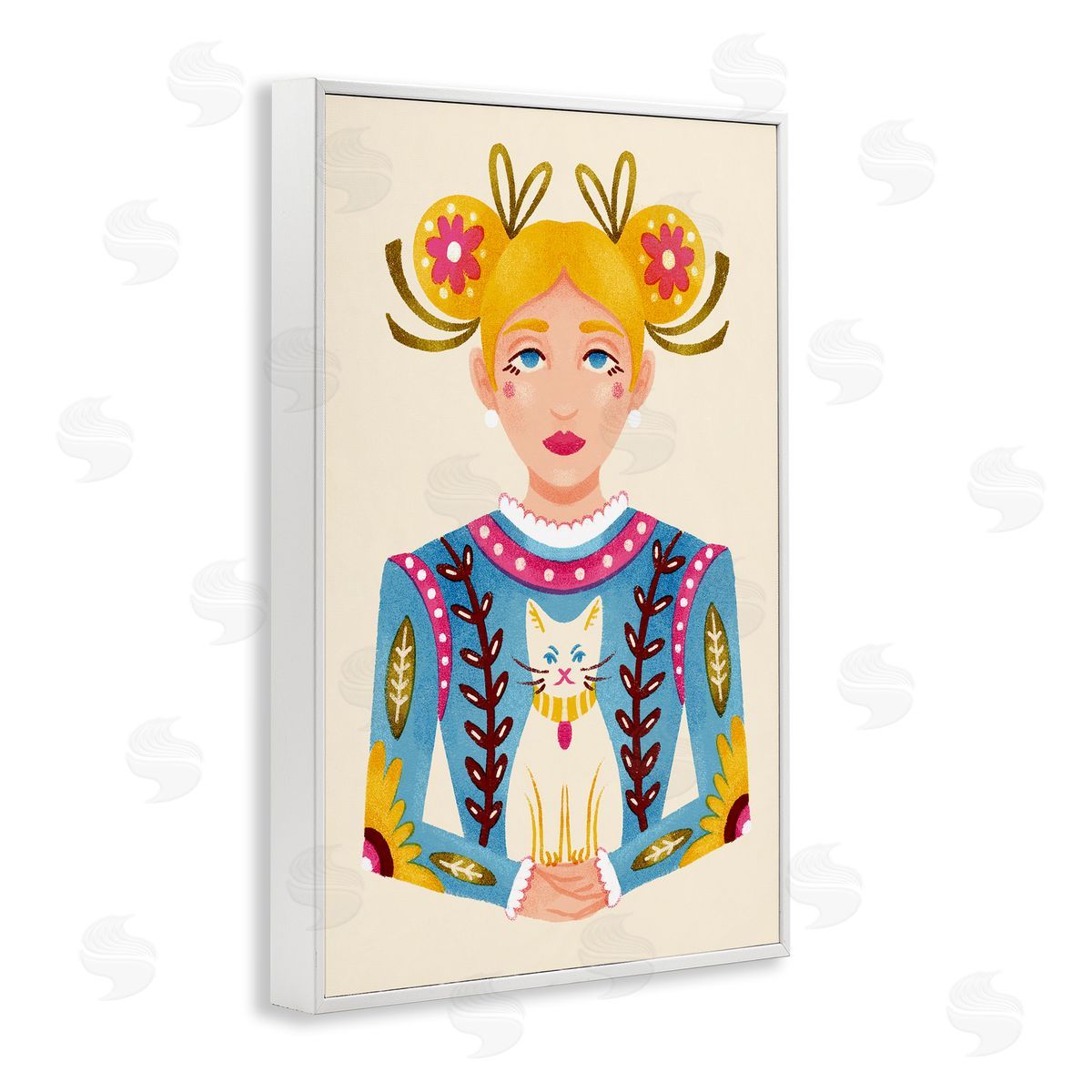 Blonde Folk Girl with Cat White Frame Print Wall Art, Home Decor by Hannah Moren