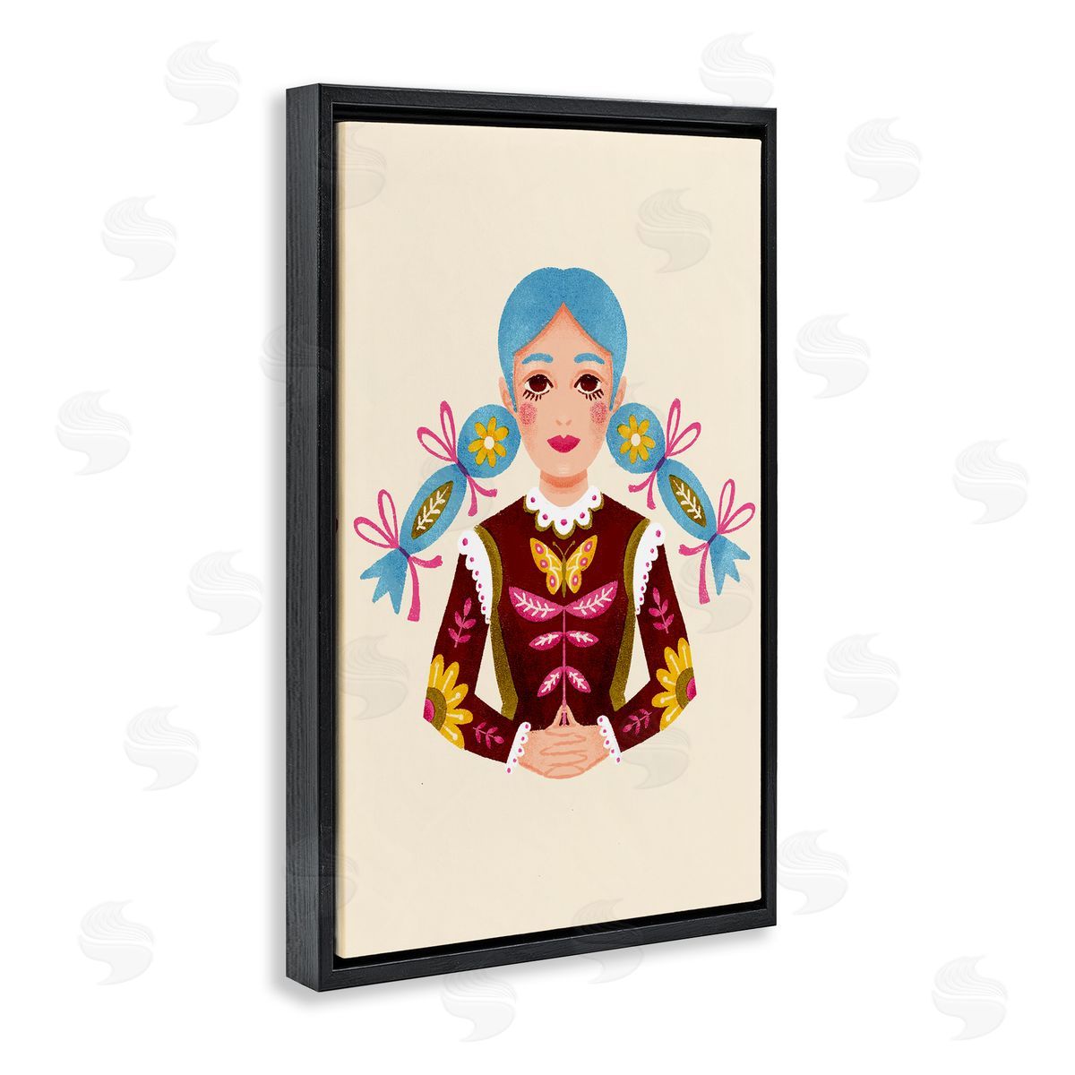 Blue Haired Girl Portrait Black Floating Frame Canvas Wall Art, Home Decor by Hannah Moren