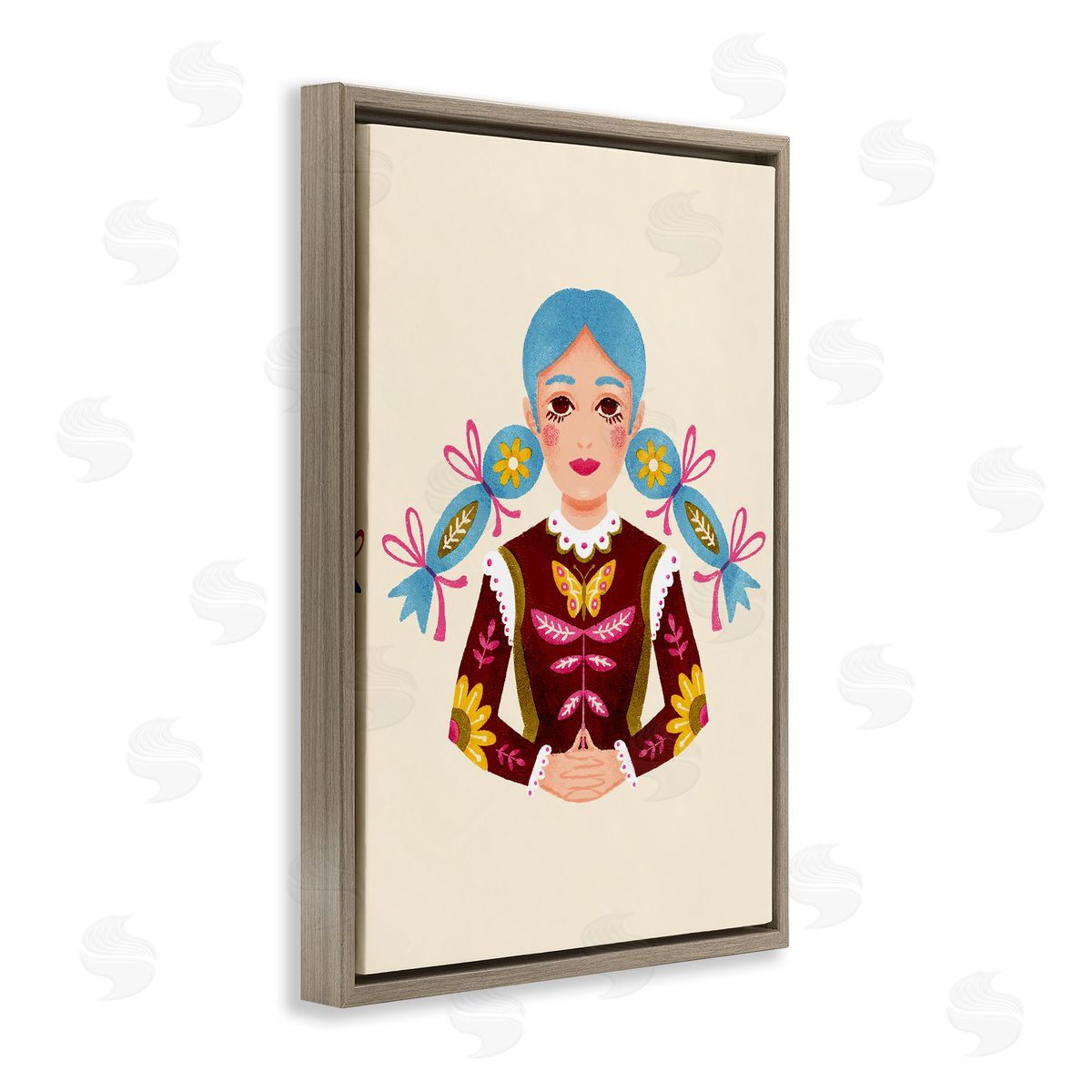 Blue Haired Girl Portrait Brown Floating Frame Canvas Wall Art, Home Decor by Hannah Moren