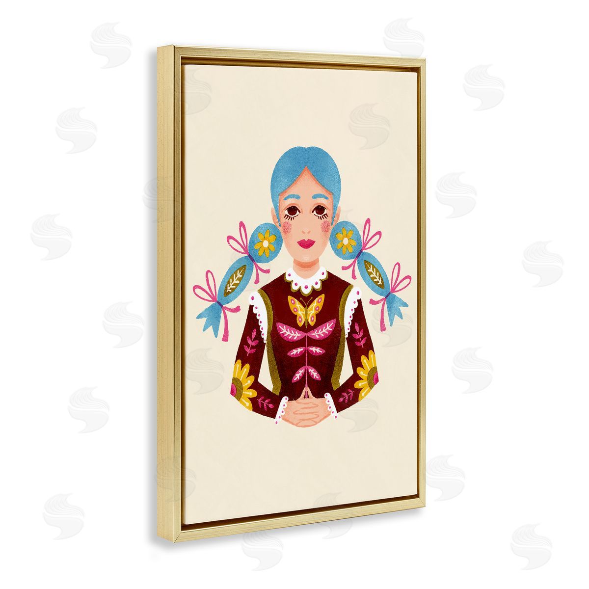 Blue Haired Girl Portrait Gold Floating Frame Canvas Wall Art, Home Decor by Hannah Moren