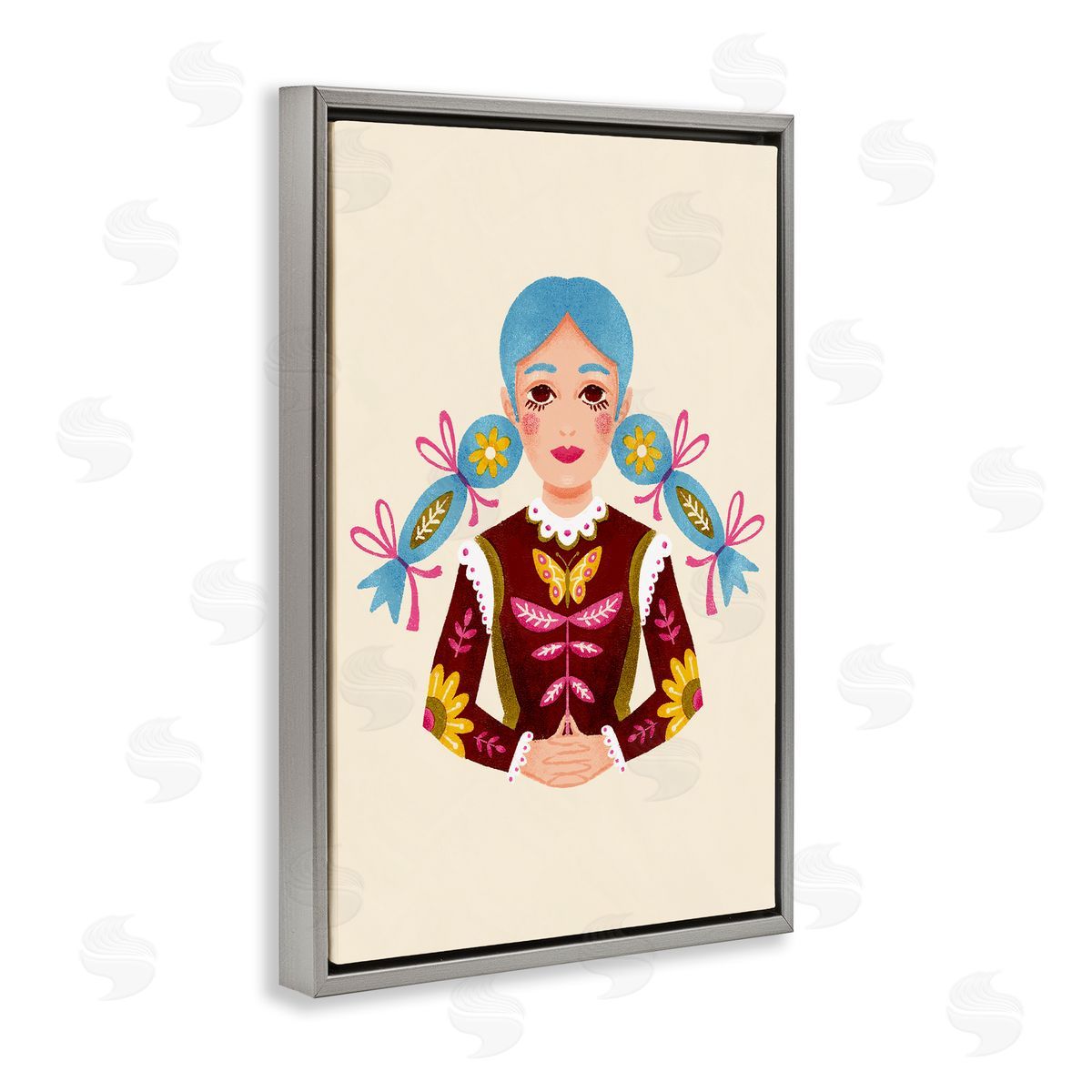Blue Haired Girl Portrait Grey Floating Frame Canvas Wall Art, Home Decor by Hannah Moren