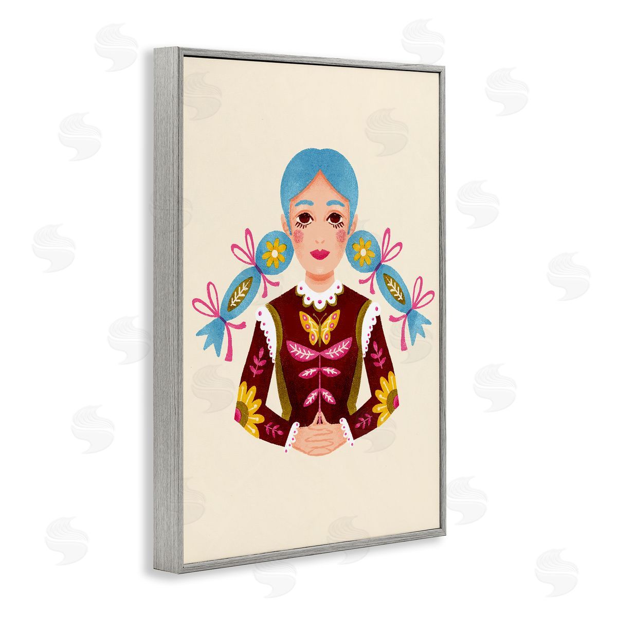 Blue Haired Girl Portrait Grey Frame Print Wall Art, Home Decor by Hannah Moren