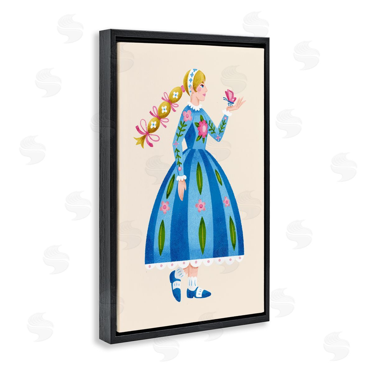 Blonde Folk Girl & Butterfly Black Floating Frame Canvas Wall Art, Home Decor by Hannah Moren