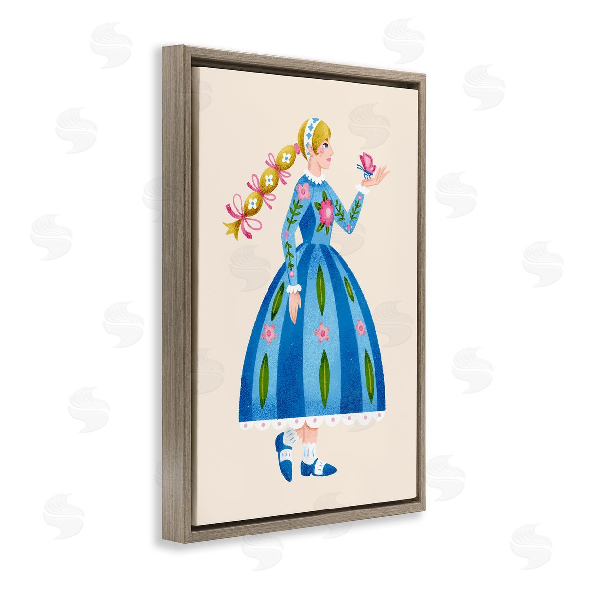 Blonde Folk Girl & Butterfly Brown Floating Frame Canvas Wall Art, Home Decor by Hannah Moren