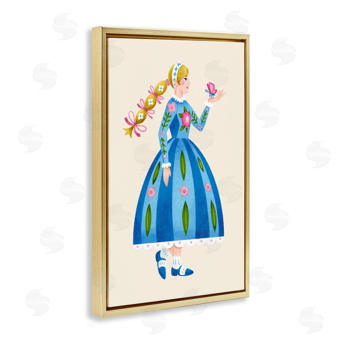 Blonde Folk Girl & Butterfly Gold Floating Frame Canvas Wall Art, Home Decor by Hannah Moren
