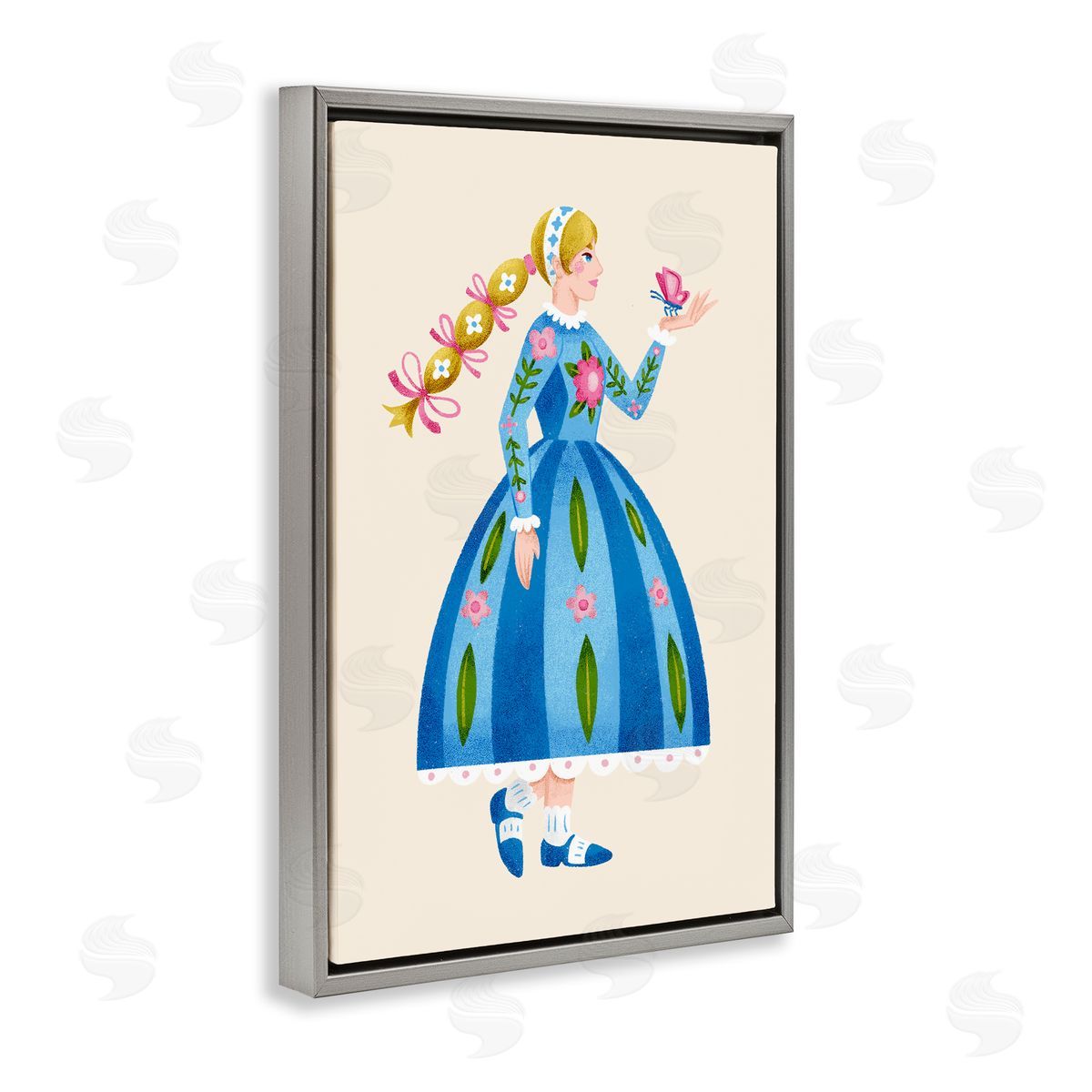 Blonde Folk Girl & Butterfly Grey Floating Frame Canvas Wall Art, Home Decor by Hannah Moren