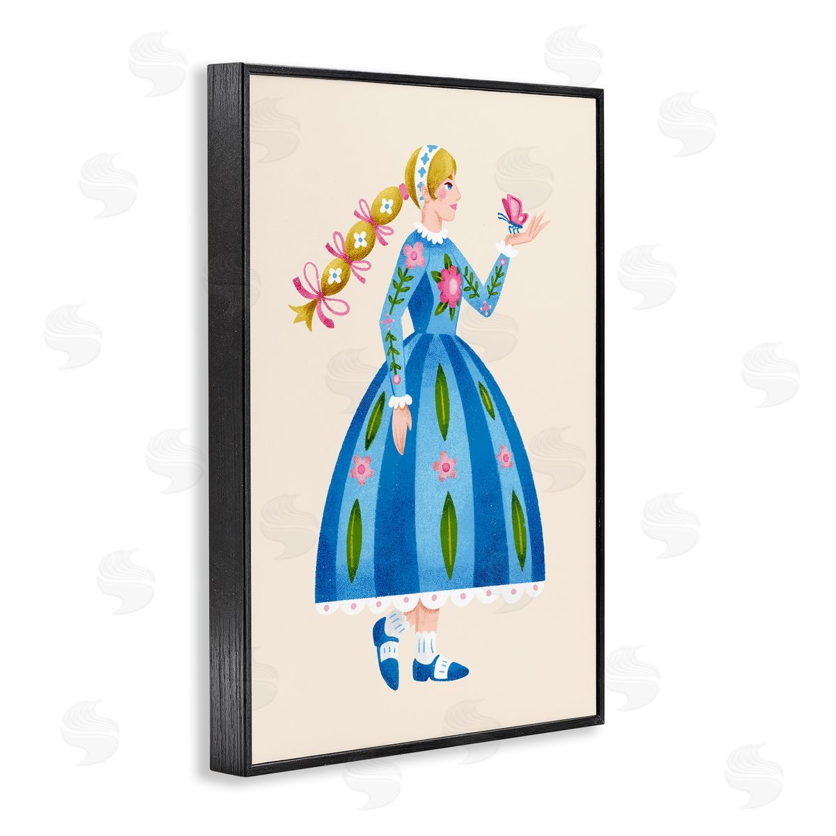 Blonde Folk Girl & Butterfly Black Frame Print Wall Art, Home Decor by Hannah Moren