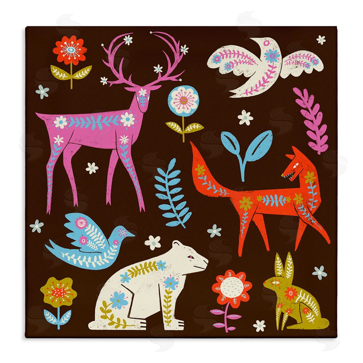 Forest Folk Animals with Florals Canvas Wall Art, Home Decor by Hannah Moren