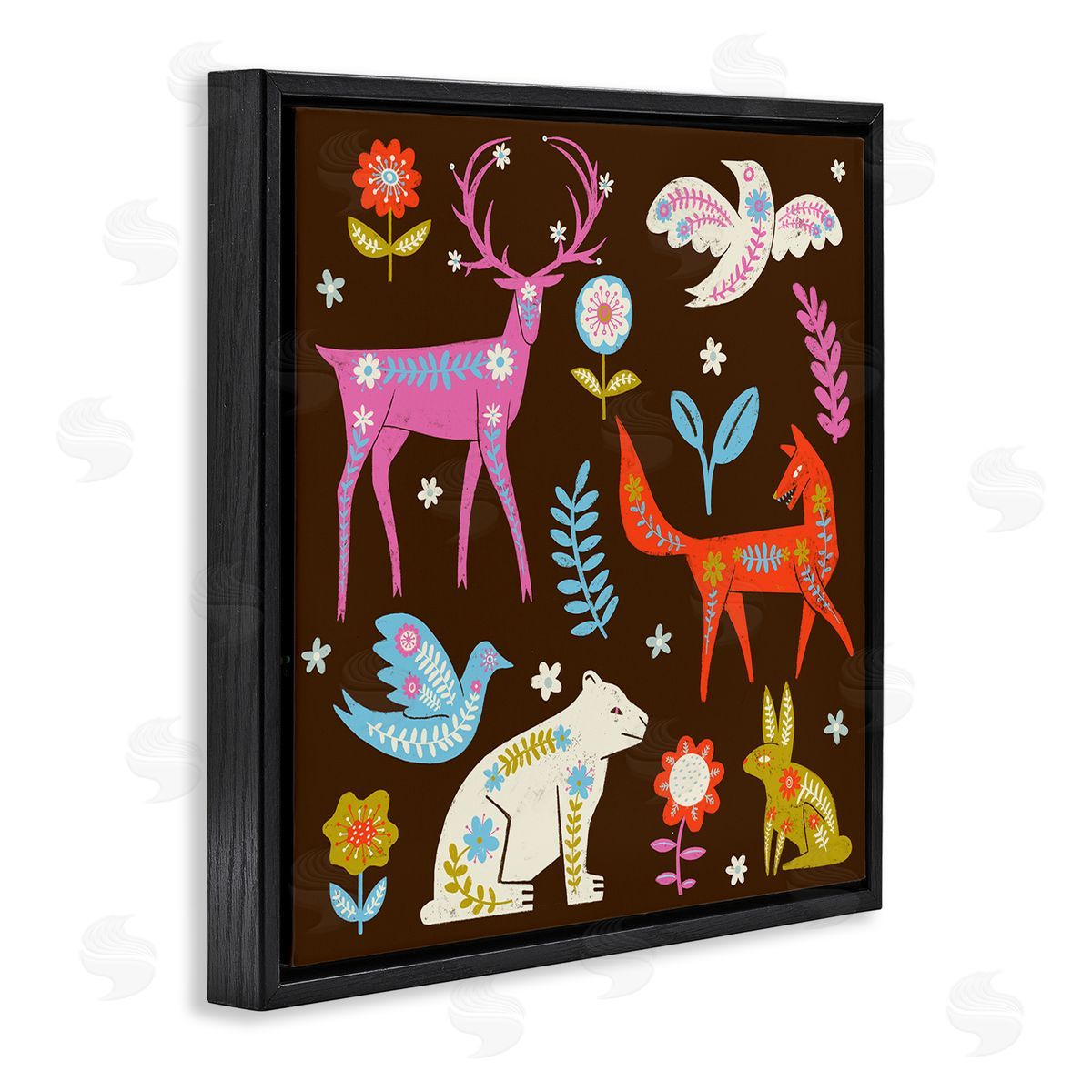 Forest Folk Animals with Florals Black Floating Frame Canvas Wall Art, Home Decor by Hannah Moren