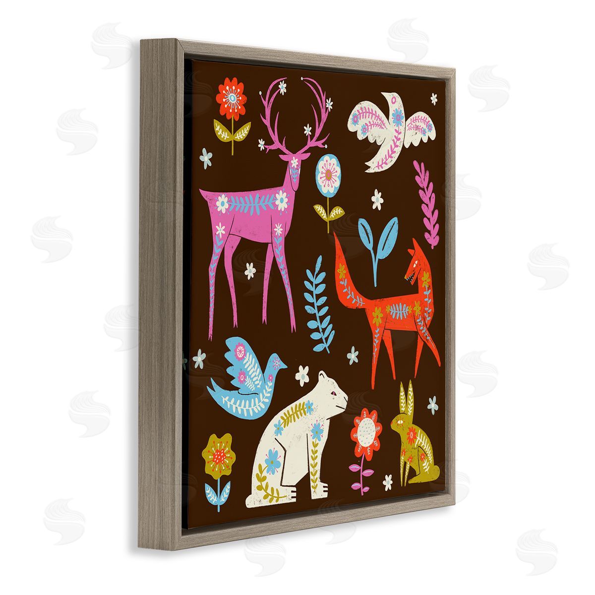 Forest Folk Animals with Florals Brown Floating Frame Canvas Wall Art, Home Decor by Hannah Moren