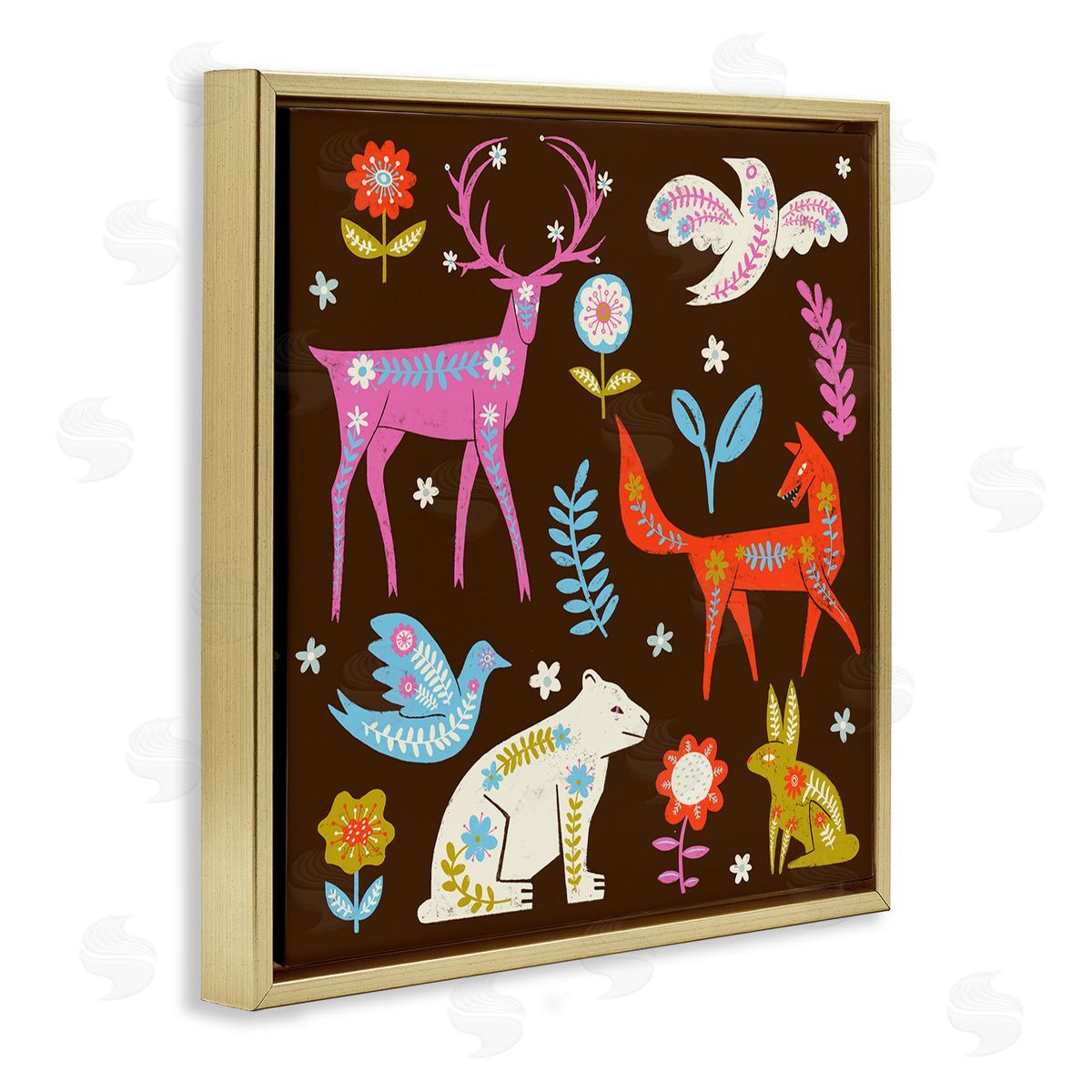 Forest Folk Animals with Florals Gold Floating Frame Canvas Wall Art, Home Decor by Hannah Moren