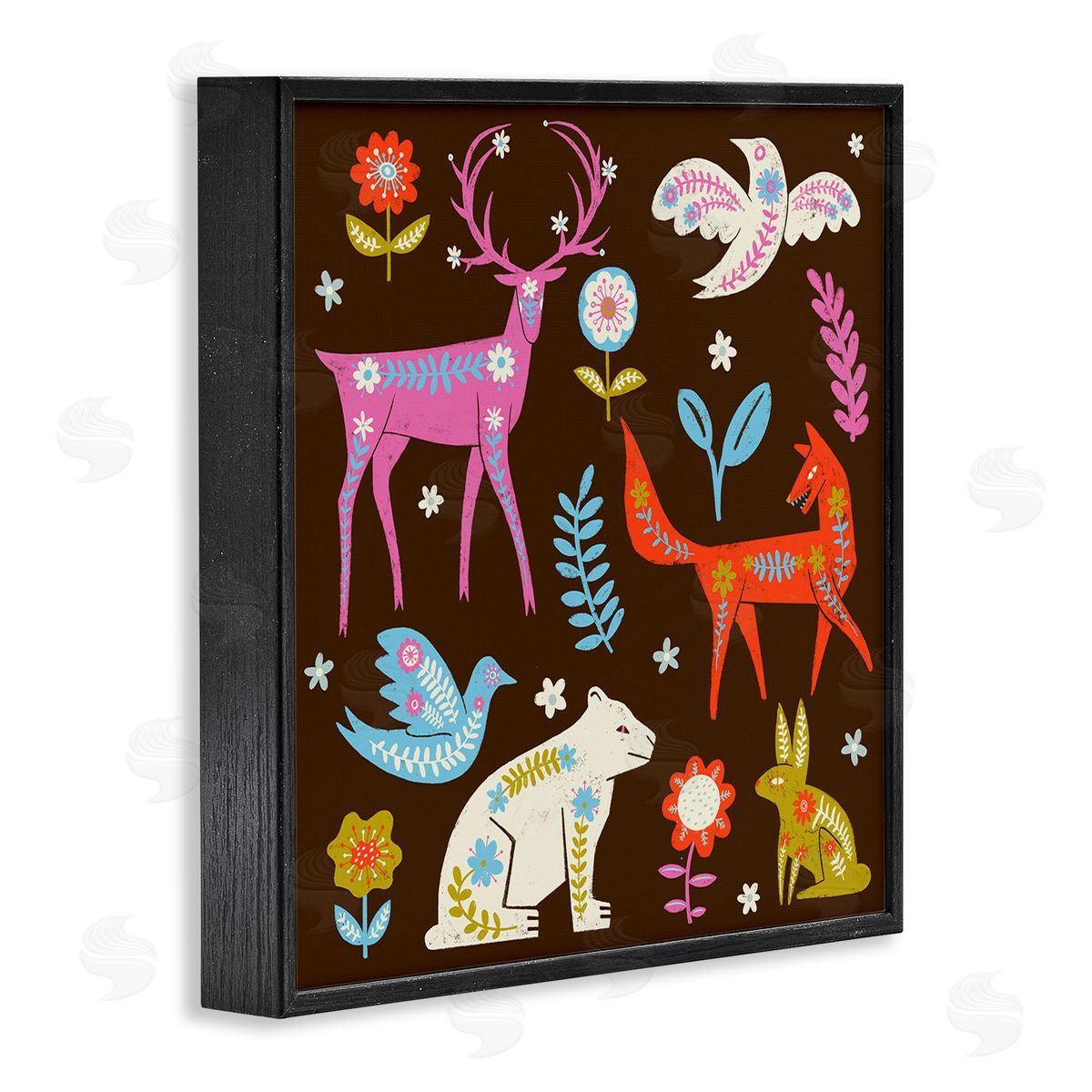 Forest Folk Animals with Florals Black Frame Print Wall Art, Home Decor by Hannah Moren