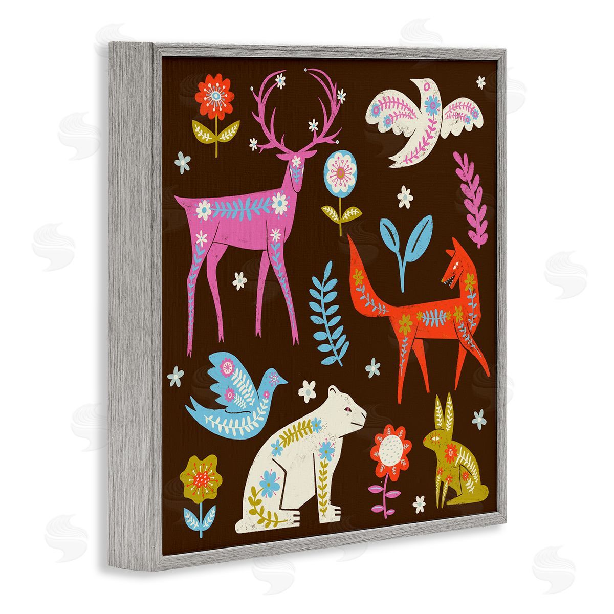 Forest Folk Animals with Florals Grey Frame Print Wall Art, Home Decor by Hannah Moren