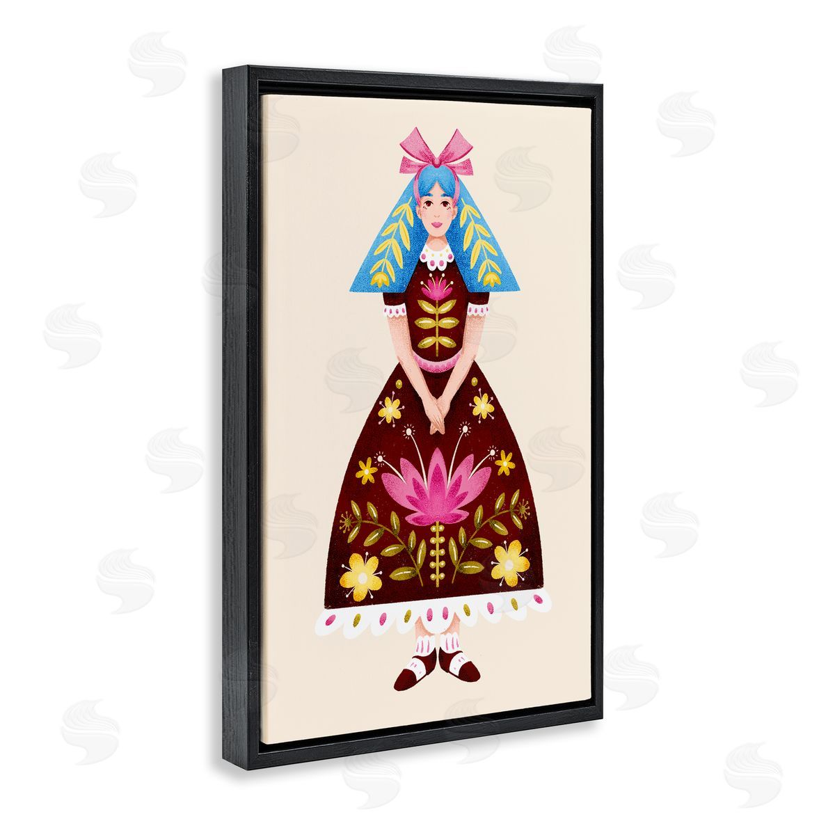 Blue Haired Folk Girl Black Floating Frame Canvas Wall Art, Home Decor by Hannah Moren