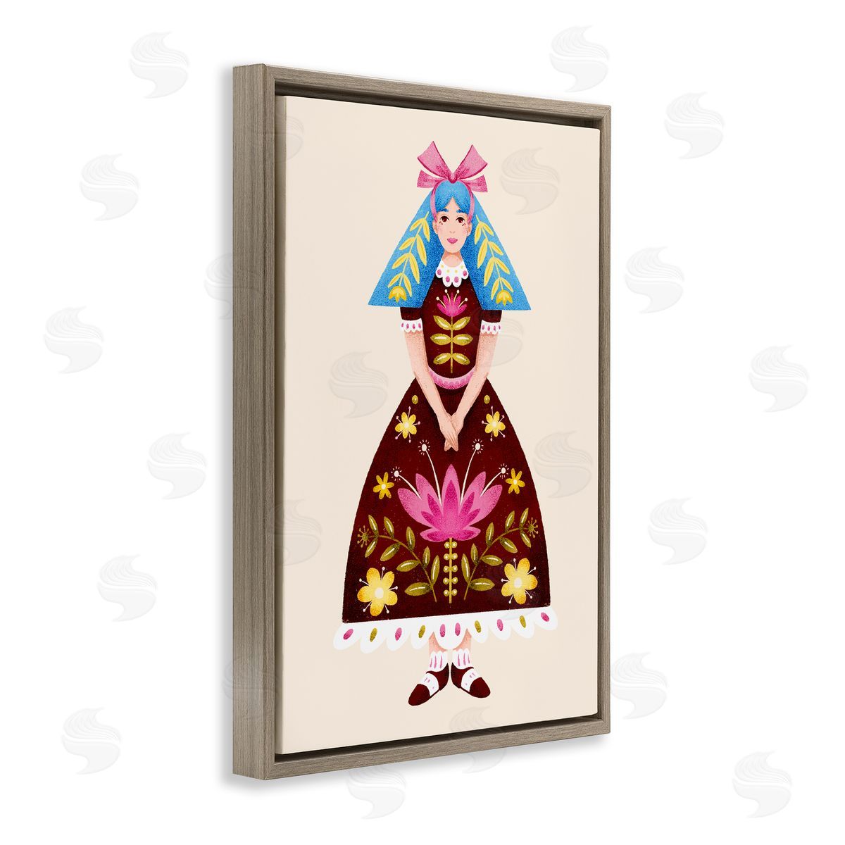 Blue Haired Folk Girl Brown Floating Frame Canvas Wall Art, Home Decor by Hannah Moren