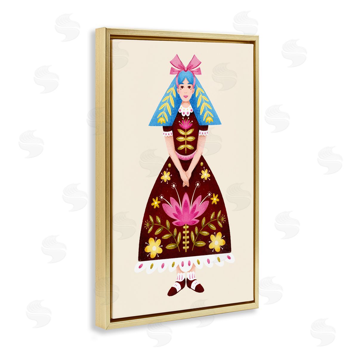 Blue Haired Folk Girl Gold Floating Frame Canvas Wall Art, Home Decor by Hannah Moren