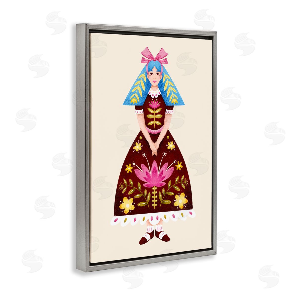 Blue Haired Folk Girl Grey Floating Frame Canvas Wall Art, Home Decor by Hannah Moren
