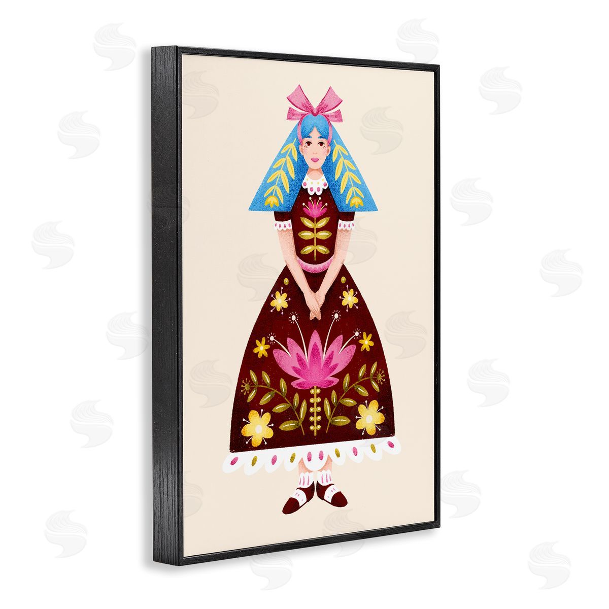 Blue Haired Folk Girl Black Frame Print Wall Art, Home Decor by Hannah Moren