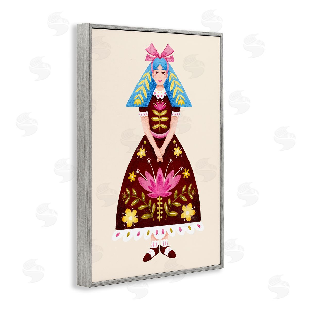 Blue Haired Folk Girl Grey Frame Print Wall Art, Home Decor by Hannah Moren