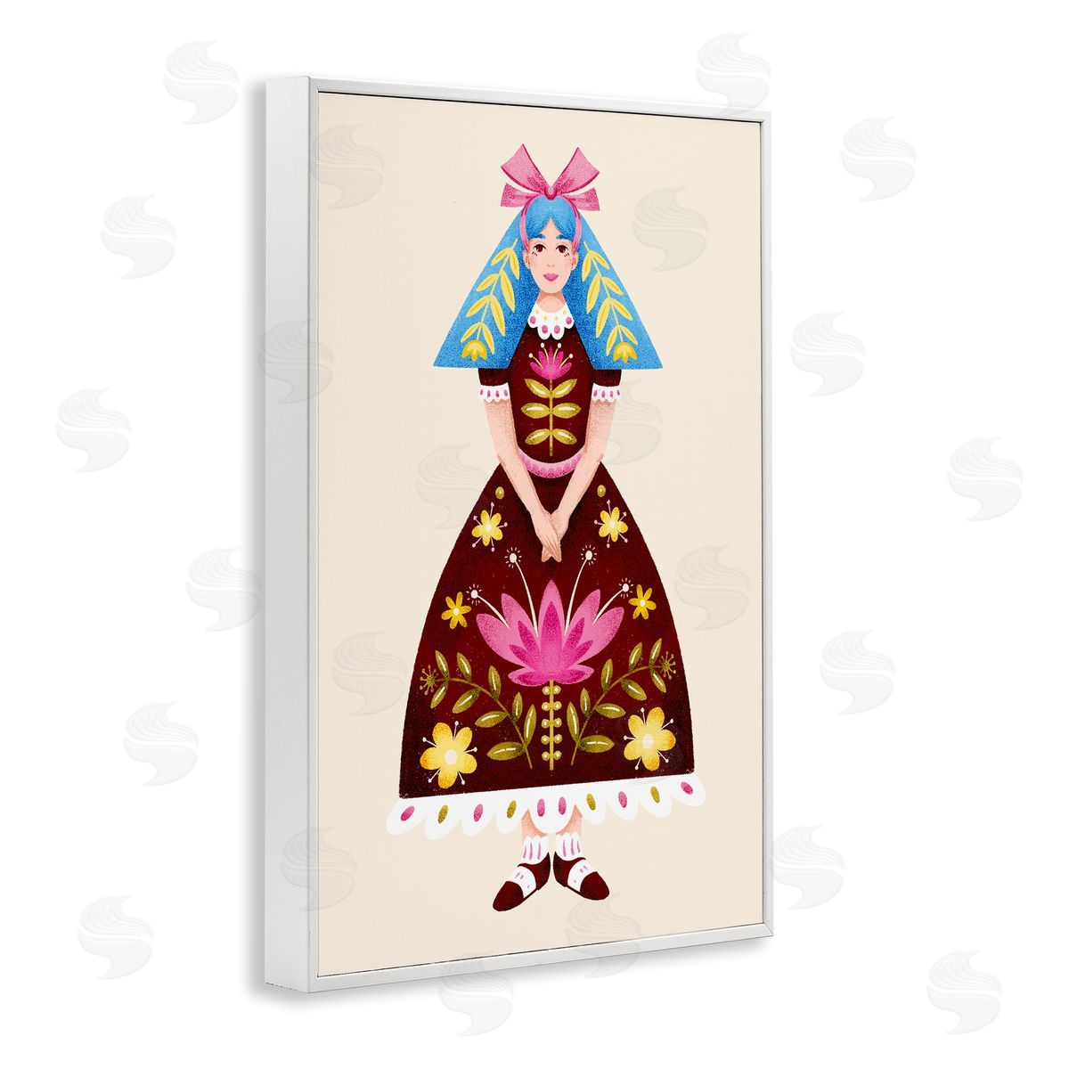 Blue Haired Folk Girl White Frame Print Wall Art, Home Decor by Hannah Moren