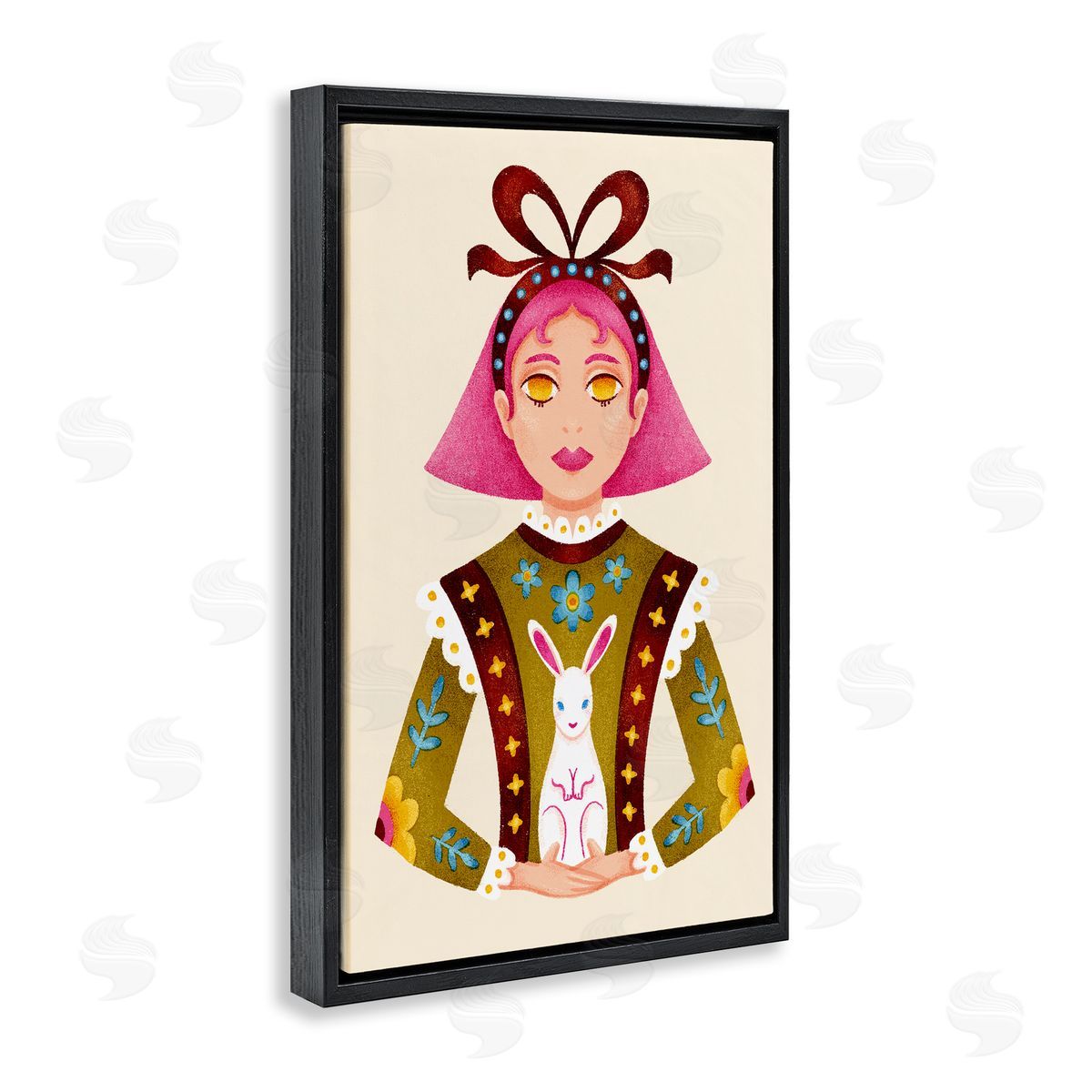 Pink Haired Girl & Bunny Black Floating Frame Canvas Wall Art, Home Decor by Hannah Moren