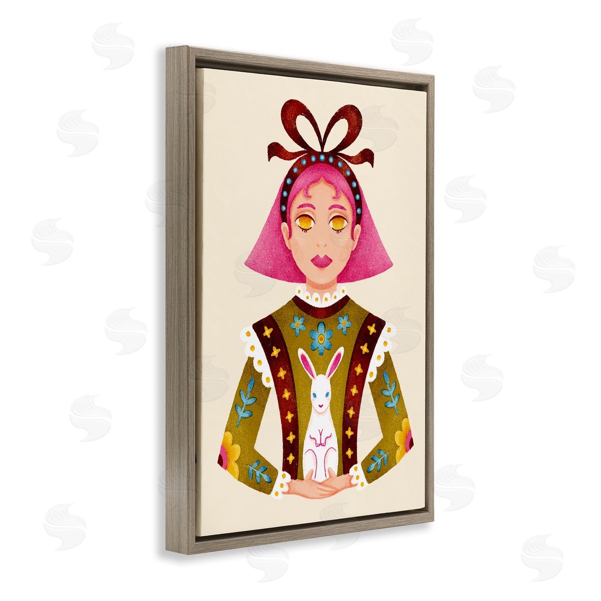 Pink Haired Girl & Bunny Brown Floating Frame Canvas Wall Art, Home Decor by Hannah Moren