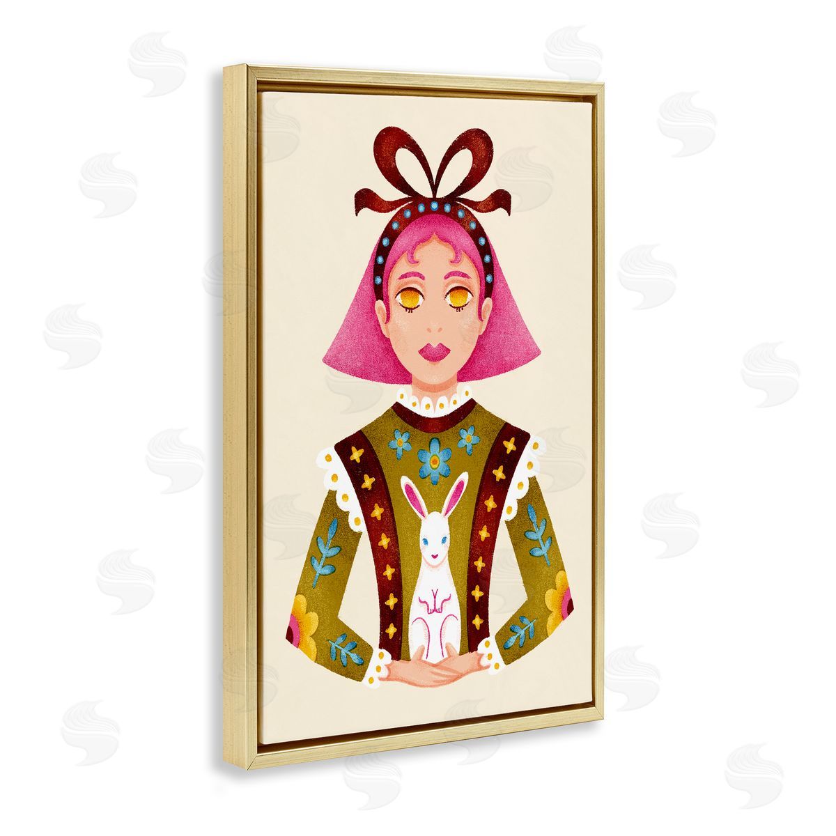 Pink Haired Girl & Bunny Gold Floating Frame Canvas Wall Art, Home Decor by Hannah Moren
