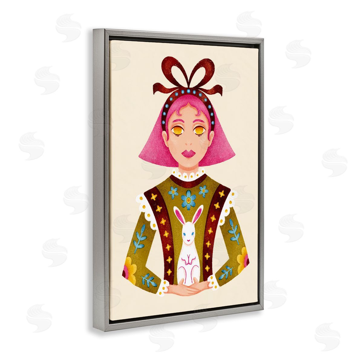 Pink Haired Girl & Bunny Grey Floating Frame Canvas Wall Art, Home Decor by Hannah Moren