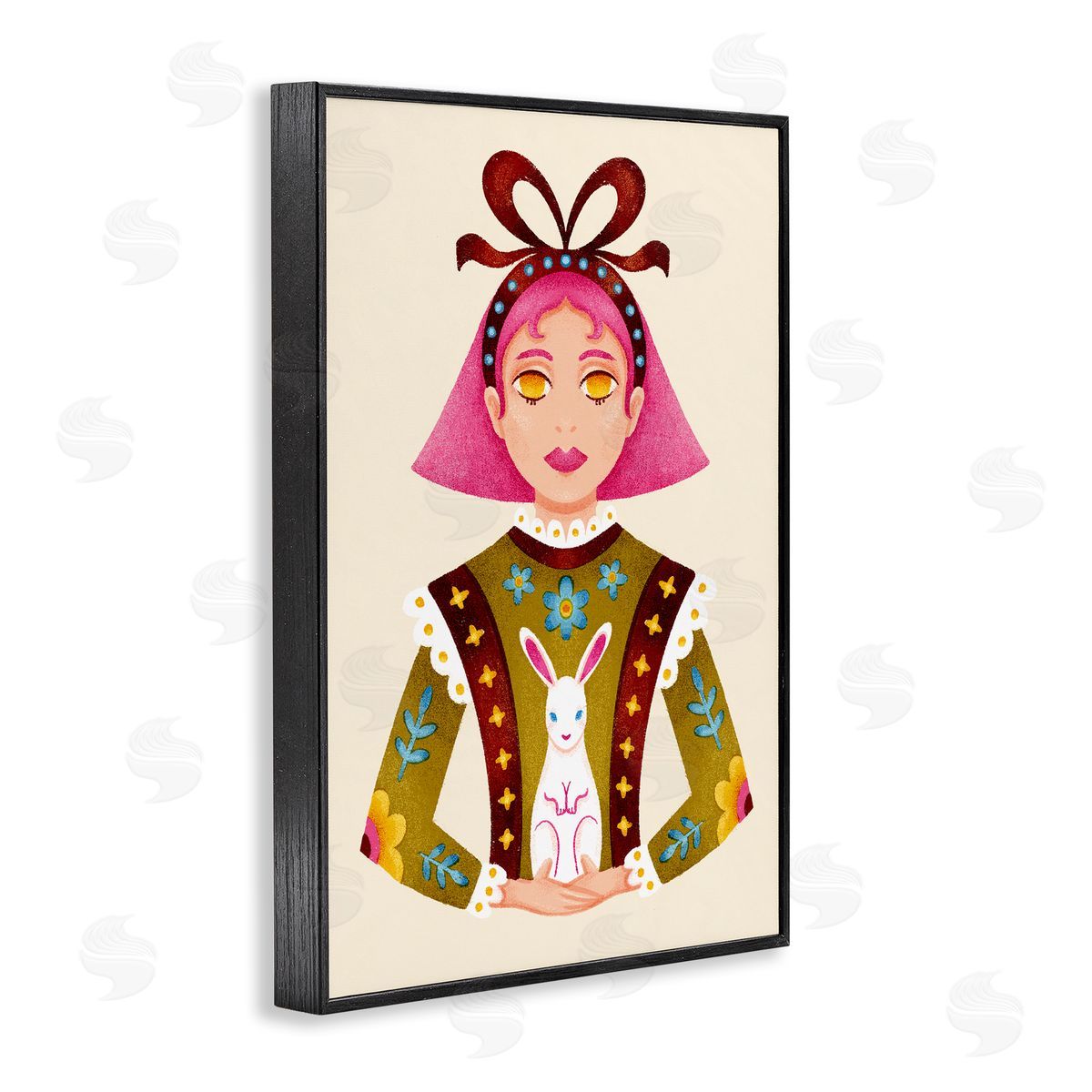 Pink Haired Girl & Bunny Black Frame Print Wall Art, Home Decor by Hannah Moren