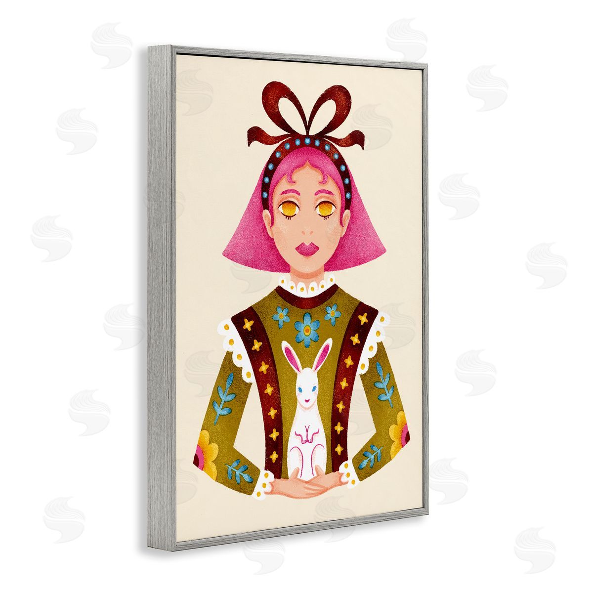Pink Haired Girl & Bunny Grey Frame Print Wall Art, Home Decor by Hannah Moren