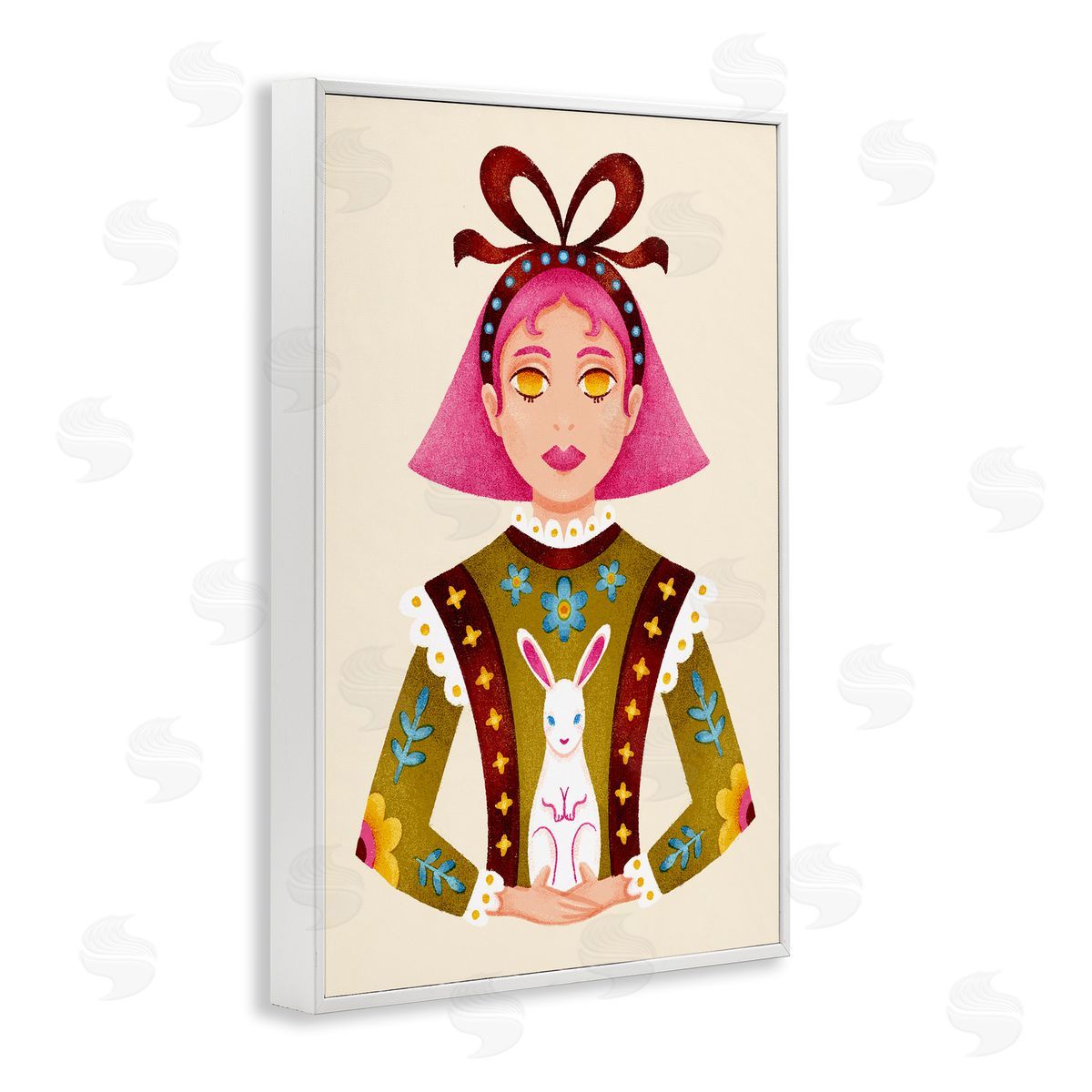 Pink Haired Girl & Bunny White Frame Print Wall Art, Home Decor by Hannah Moren