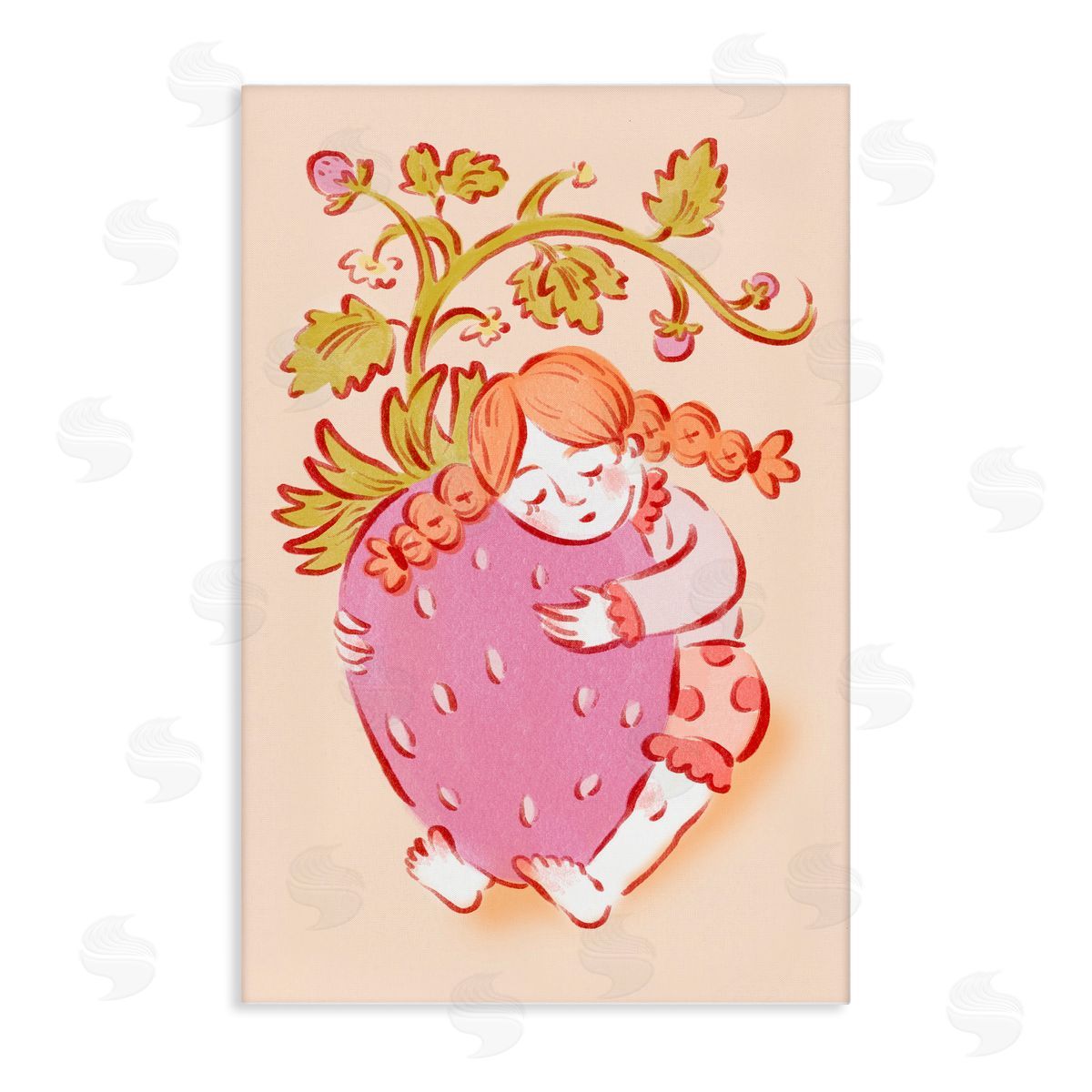 Girl Hugging Strawberry Canvas Wall Art, Home Decor by Hannah Moren